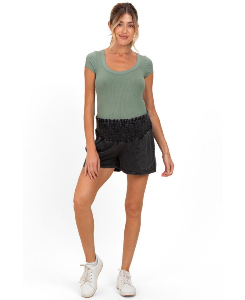 Women's Black Smocked Waist Mineral Wash Shorts