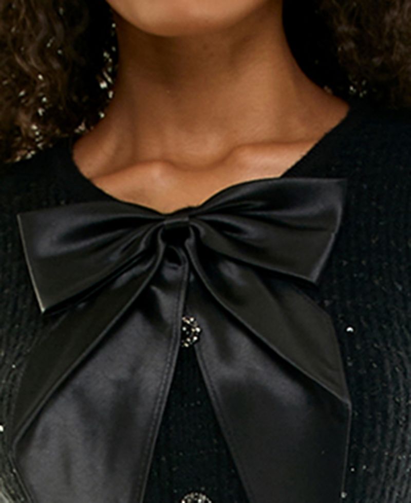 Juniors' Short-Sleeve Satin Bow Sweater Dress