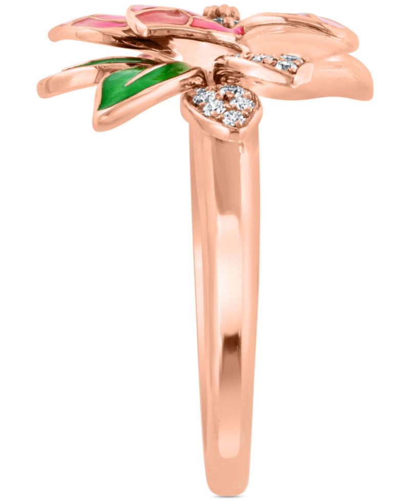 EFFY® Pink & Green Enamel & Diamond Flower Ring (1/5 ct. t.w.) in 14k Rose Gold