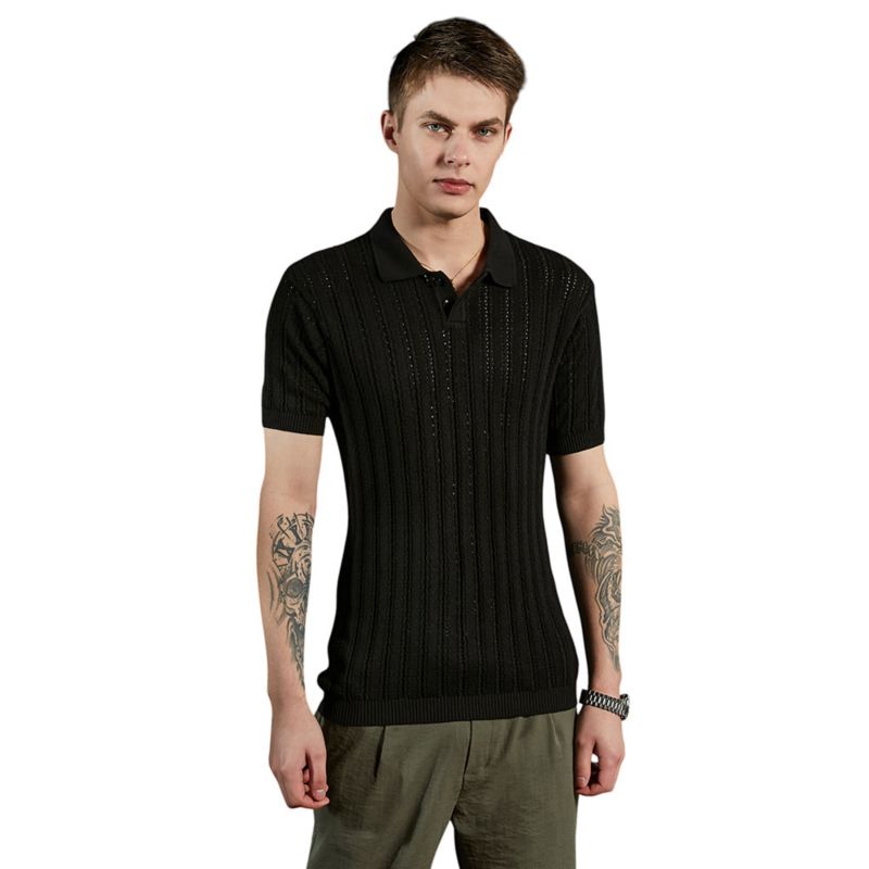 Men's Obsidian Black Stripe-Textured Polo T-Shirt