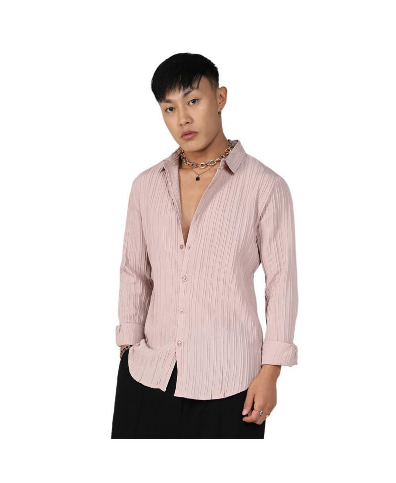 Men's Blush Pink Self-Design Striped Shirt