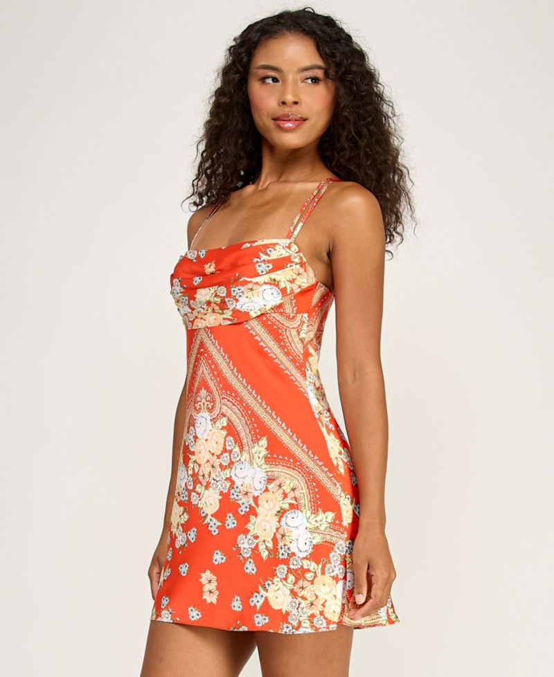 Junior's Satin Scarf Printed Cowl Neck Dress