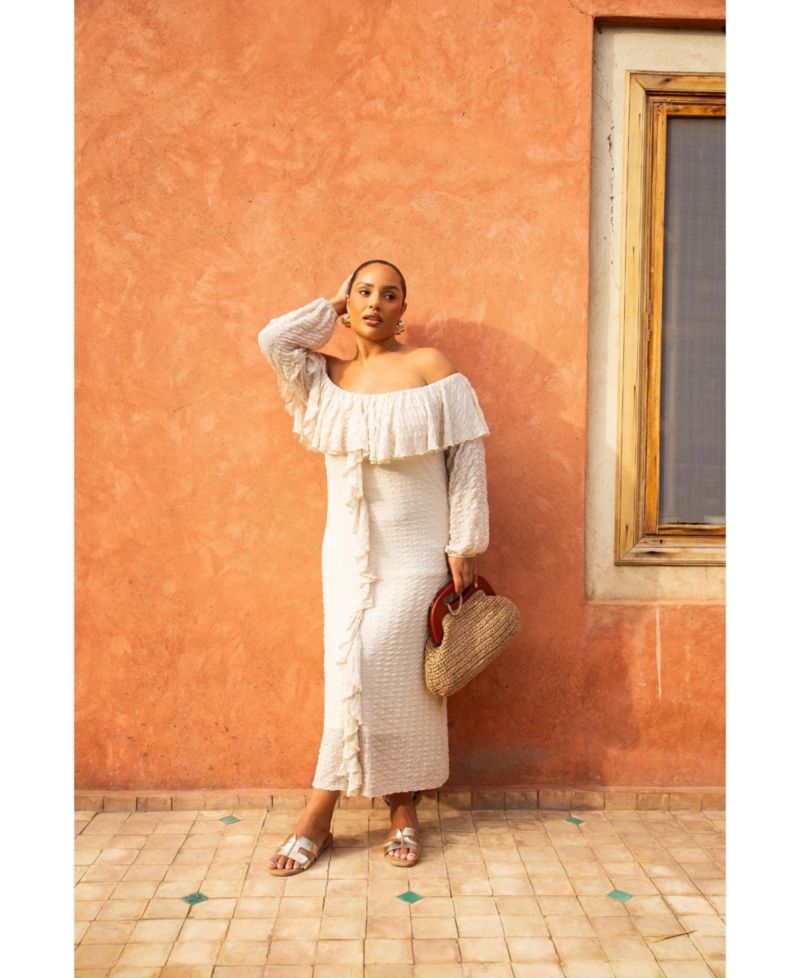 Plus Size Ruffle Long Sleeve Bardot Dress
