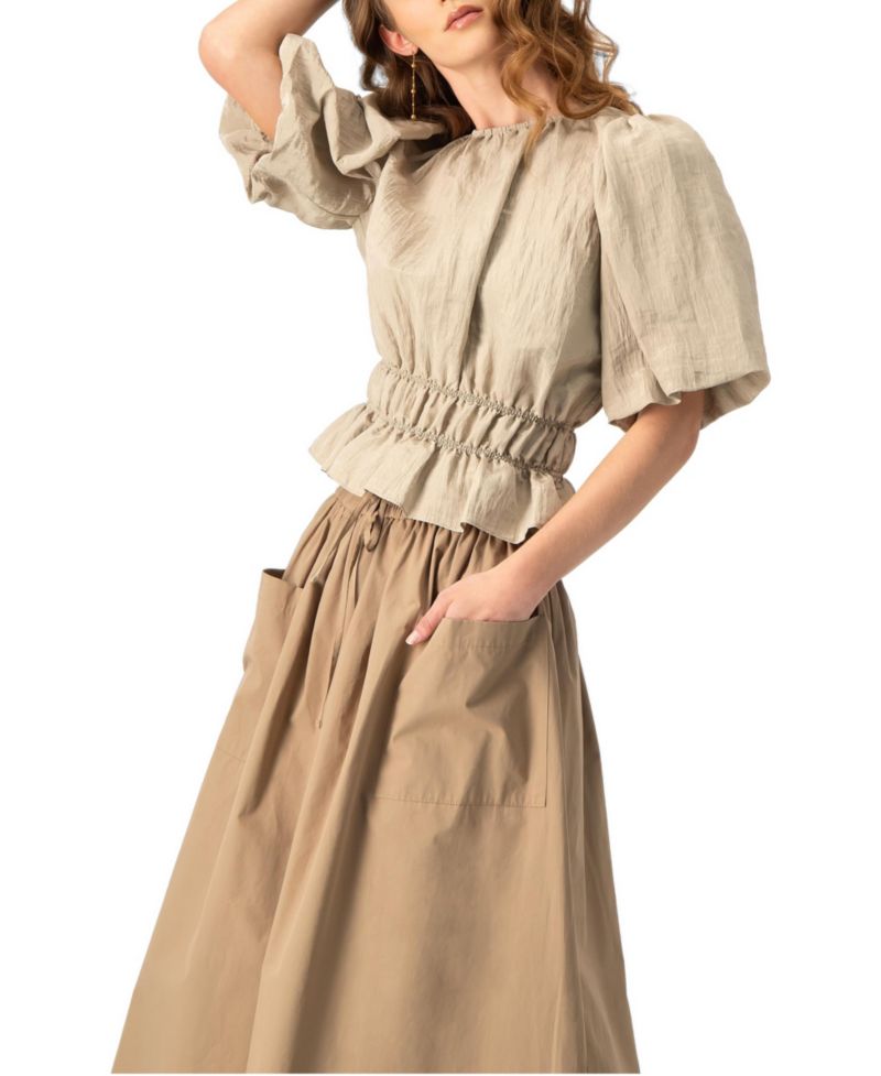 Women's Puff Sleeve Peplum, Cinched Waist Crinkle Blouse