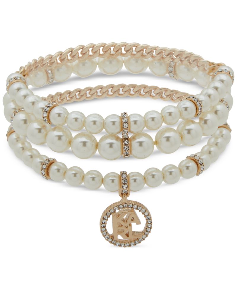 Gold-Tone 3-Pc. Set Pav&eacute; Logo & Imitation Pearl Stretch Bracelets