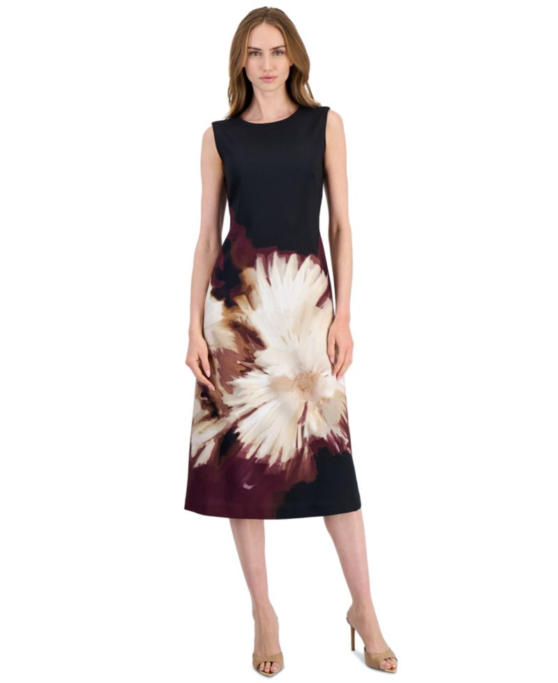 Petite Scuba Floral Print A-Line Midi Dress