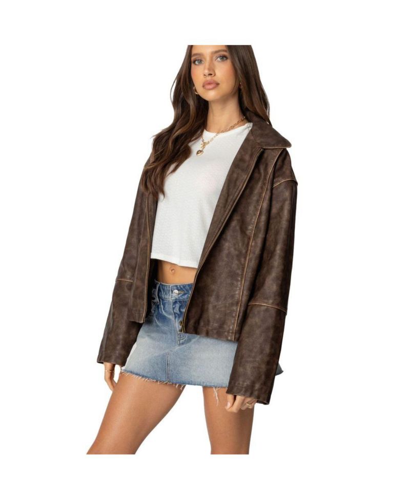 Women's Oversized Washed Faux Leather Jacket