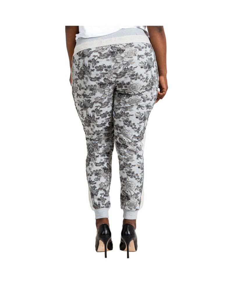 Plus Size Curvy Grey French Terry Floral Jogger Pants