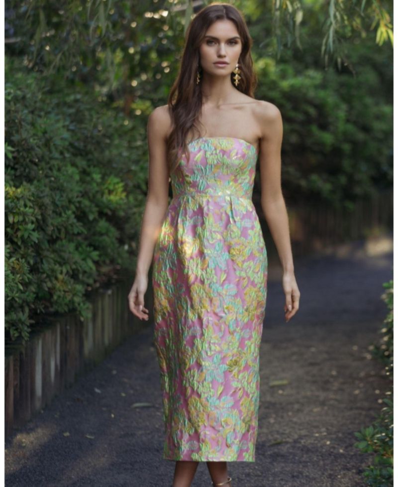 Women's Strapless Floral Brocade Midi Dress