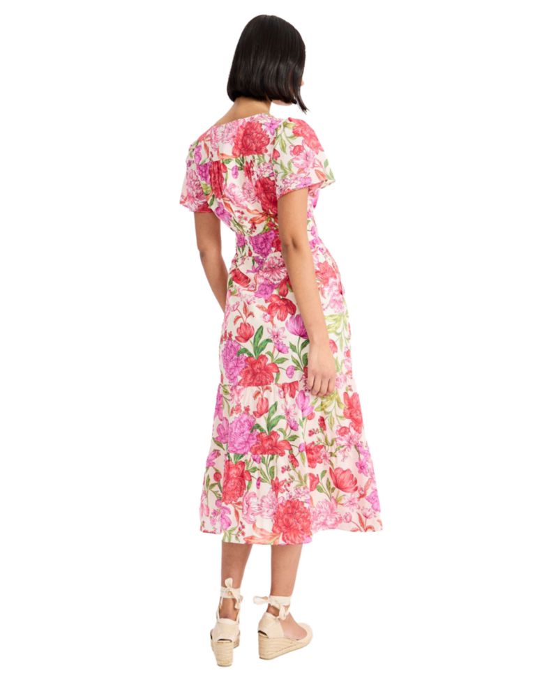 Women's Puff-Sleeve V-Neck Midi Dress