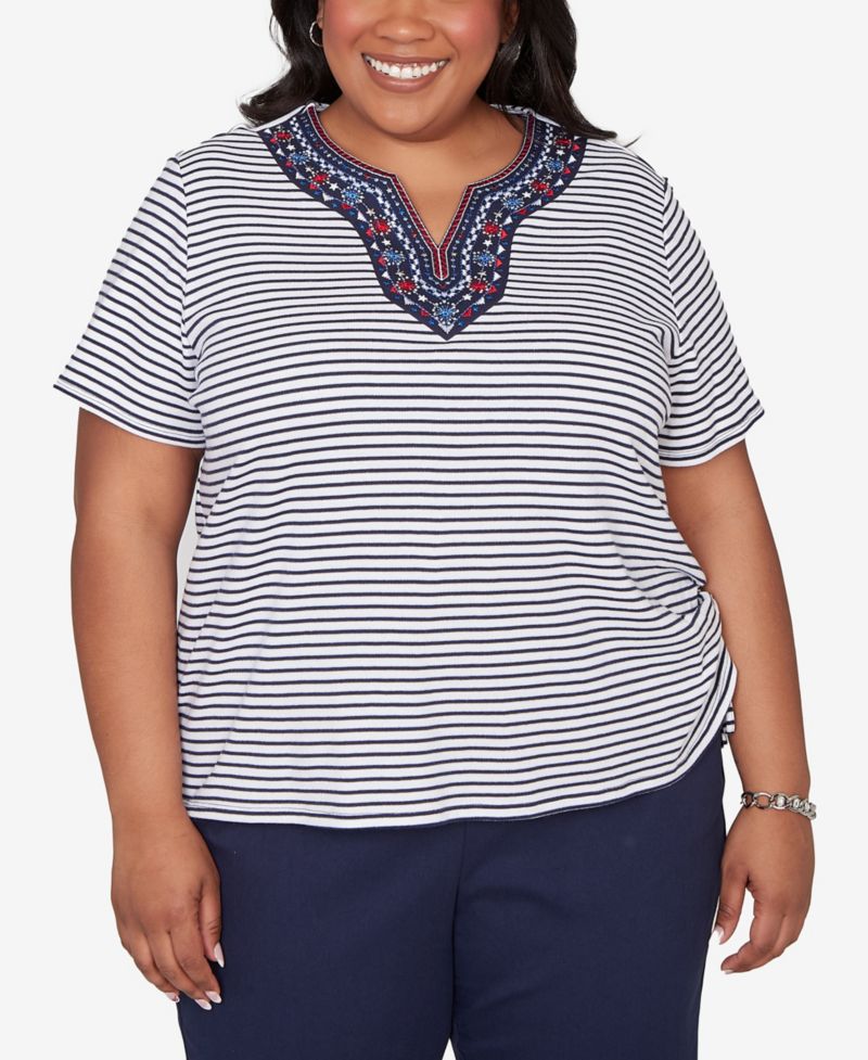 Plus Size Lady Liberty Embroidered Neck Striped Side Tie Top