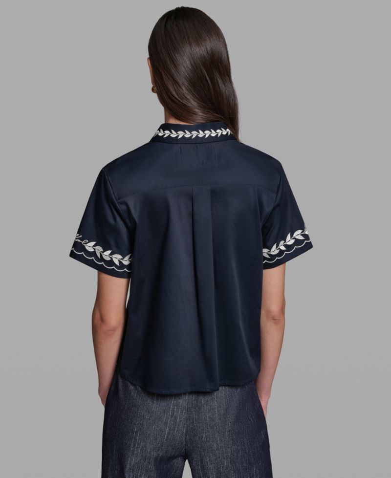 Petite Floral Embroidered Short-Sleeve Shirt