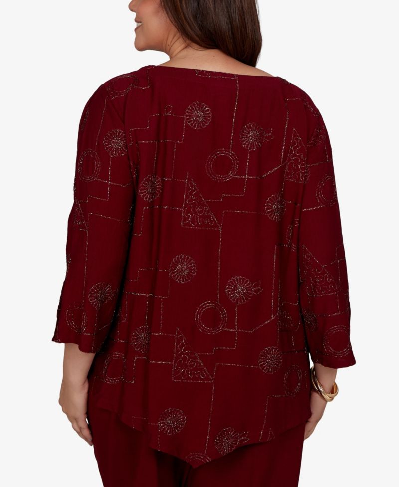 Plus Size Union Square 3/4-Sleeve Floral Soutache Detailing Blouse