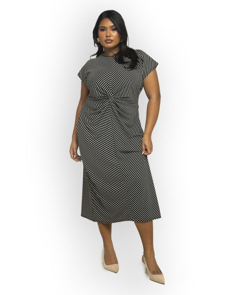 Women's Cinched Striped Print Midi Dress