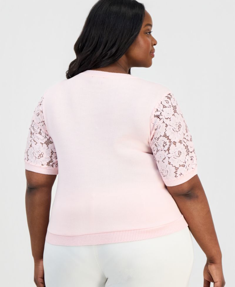 ASL Plus Size Lace-Front Short-Sleeve Sweater
