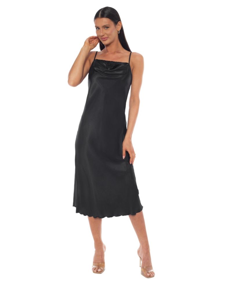 Women's Satin Slip Midi Dress with Lace Insert