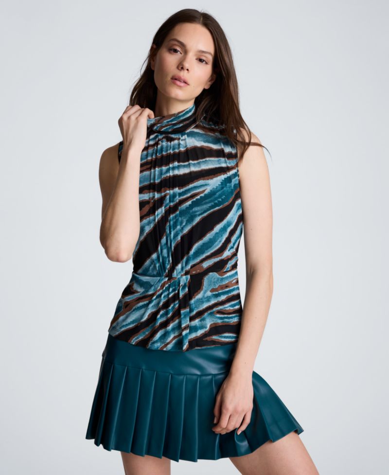 Women's Front-Pleated Mock Neck Mesh Sleeveless Top