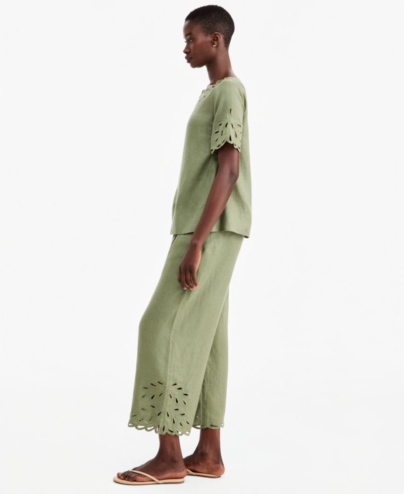 Women's Linen Eyelet-Hem Cropped Wide-Leg Pants