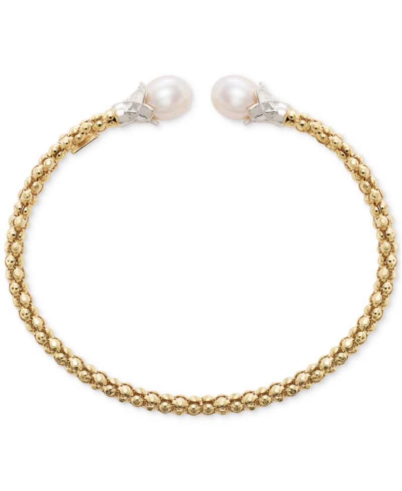 Cultured Freshwater Pearl (7 1/4 - 8mm) Popcorn Link Cuff Bangle Bracelet in 14k Two-Tone Gold-Plated Sterling Silver