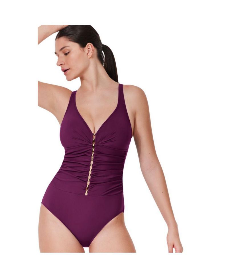Women's Tutti Frutti Fashion D-Cup V-Neck Gold Beaded One Piece Swimsuit