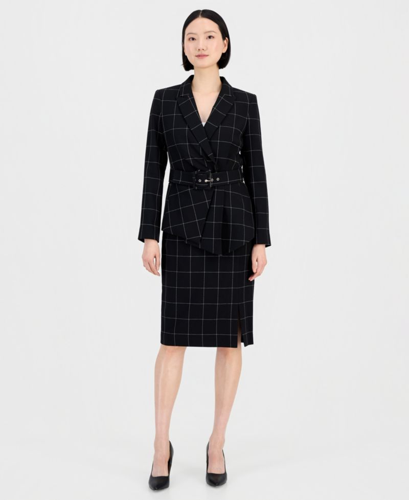 Women's Windowpane-Print Skirt Suit Set