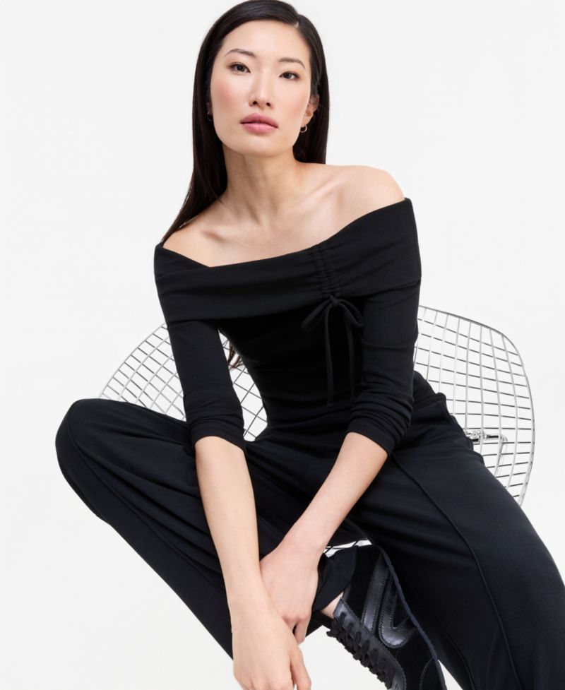 Women's Off-the-Shoulder Rib-Knit Long-Sleeve Top