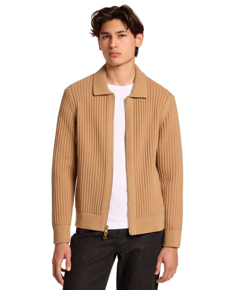Men's Long-Sleeve Ribbed Cotton-Blend Zip-Up Cardigan
