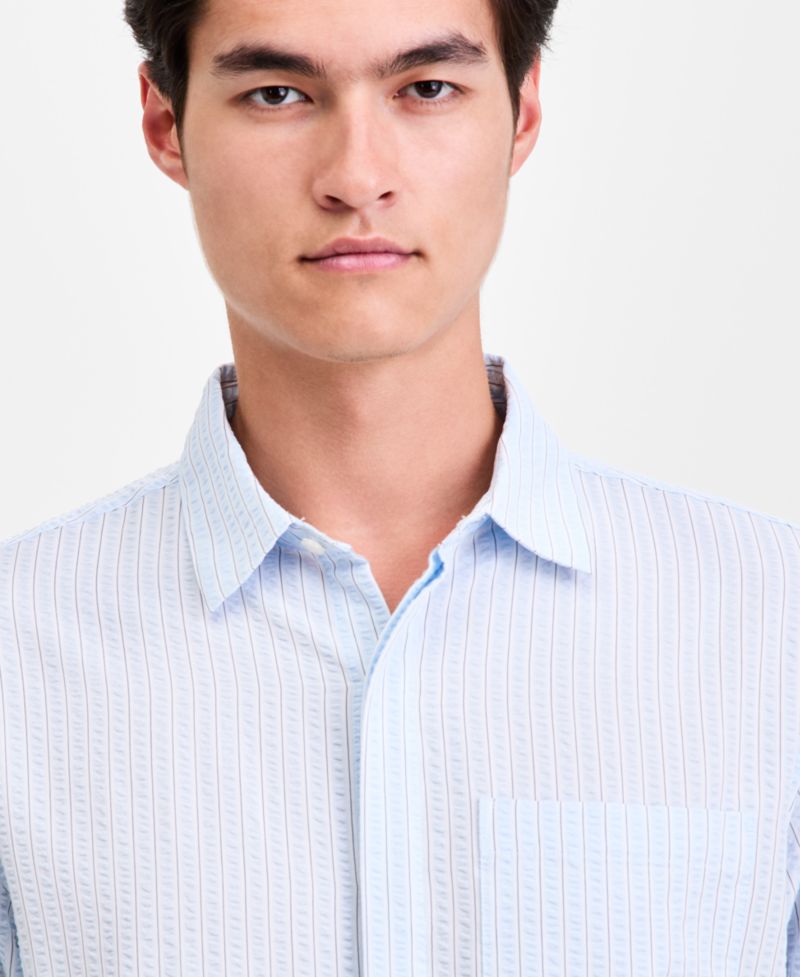 Men's Long-Sleeve Puckered Stripe One Pocket Shirt, Macy's Exclusive