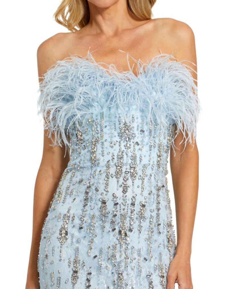 Women's Strapless Feather Embellished Mermaid Gown
