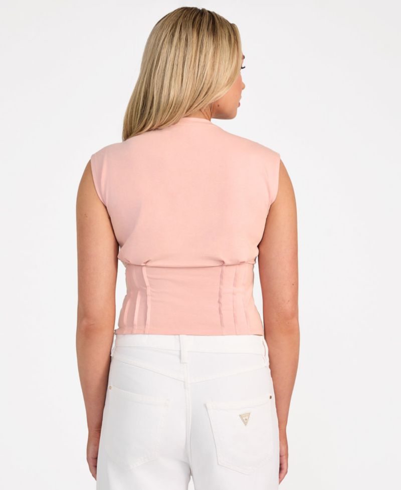 Women's Pleated-Waist Palm-Print Brooch-Detail Top