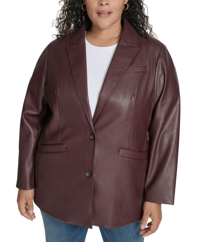 Plus Size Faux-Leather Peak-Lapel Blazer