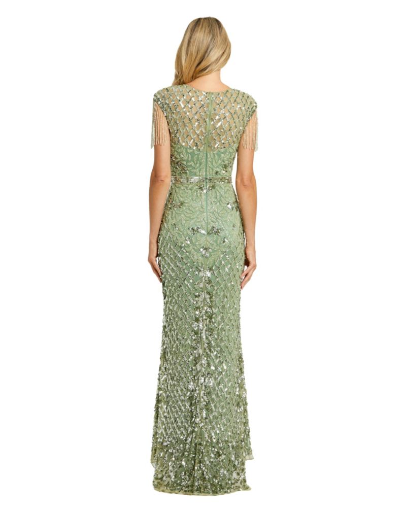 Petite Beaded Fringe High-Neck Fitted Evening Gown
