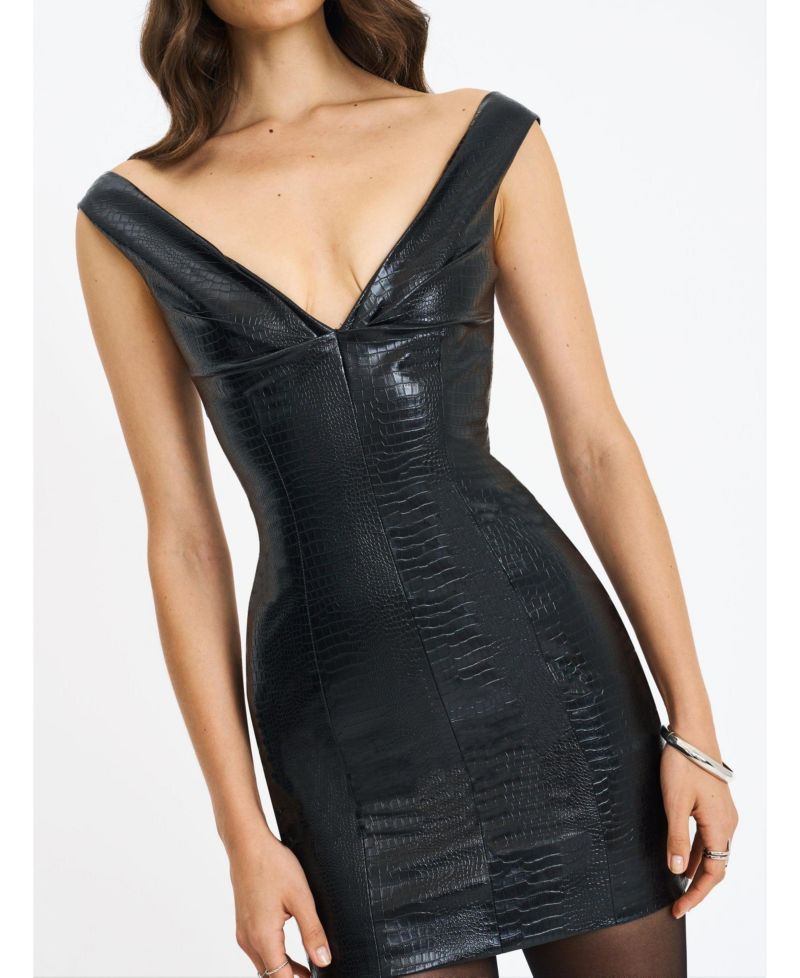 Women's Quilia Black Faux Crocodile Leather Plunge Mini Dress