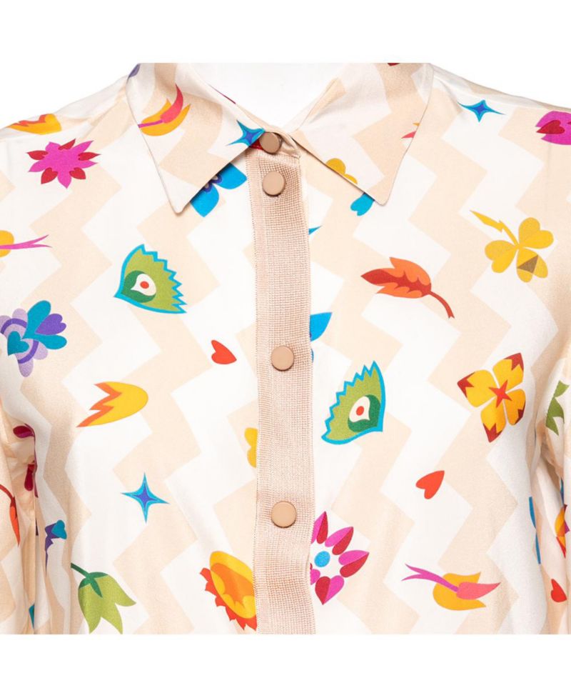 Women's Printed Crepe and Knit Trim Detailed Button Front Shirt