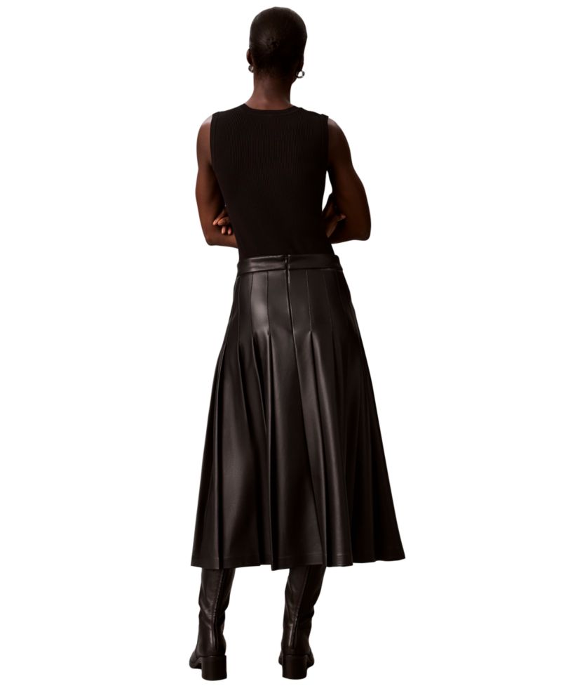 Women's Pleated Midi High-Waisted Faux Leather Skirt