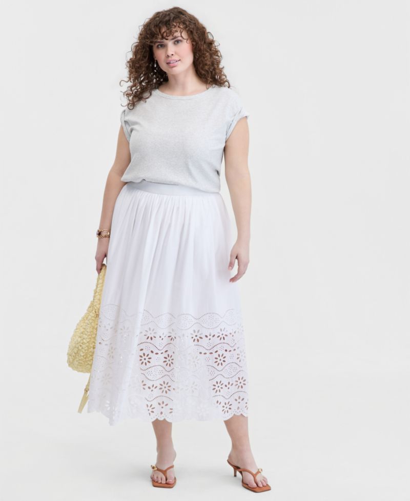 Trendy Plus Size Eyelet-Embroidered Midi Skirt