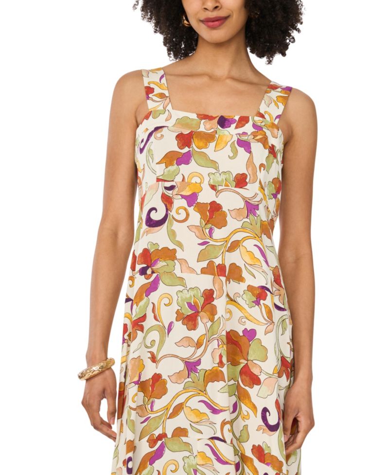 Women's Printed Square-Neck Smocked-Back Sleeveless Maxi Dress