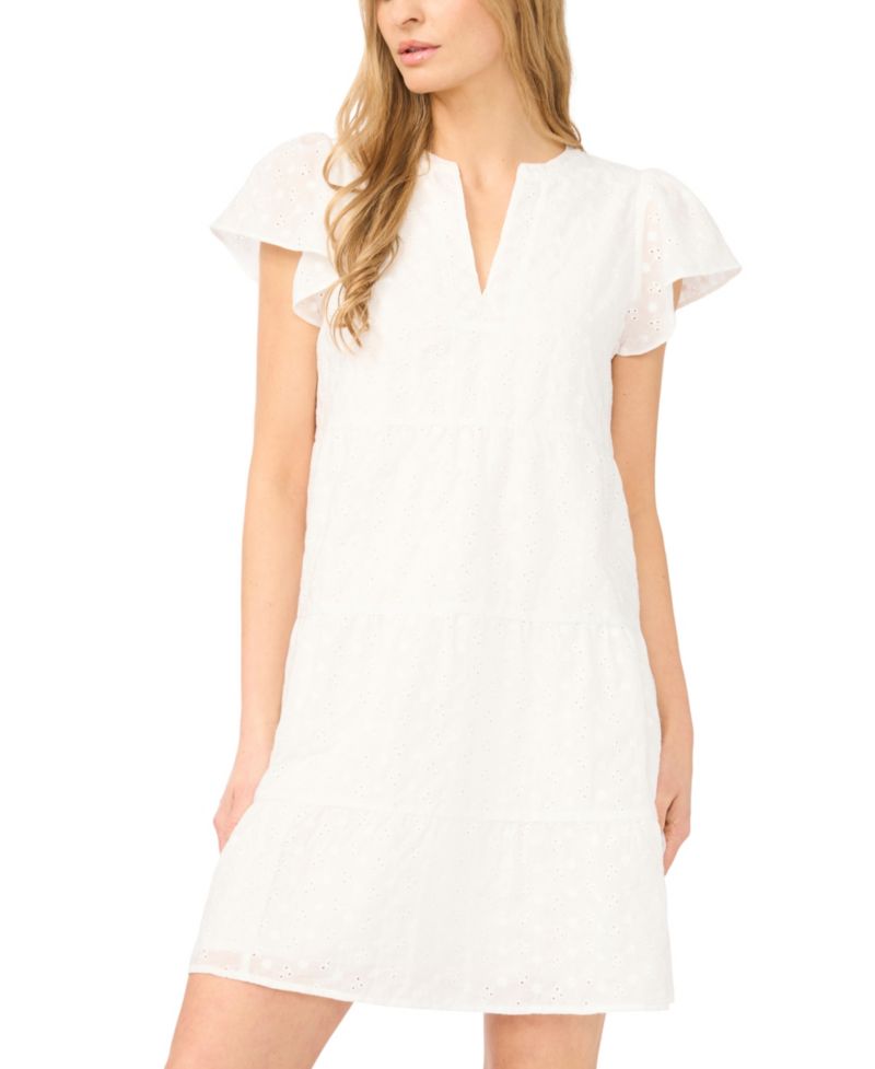 Women's Short-Sleeve Split Neck Ruffle Tiered Dress