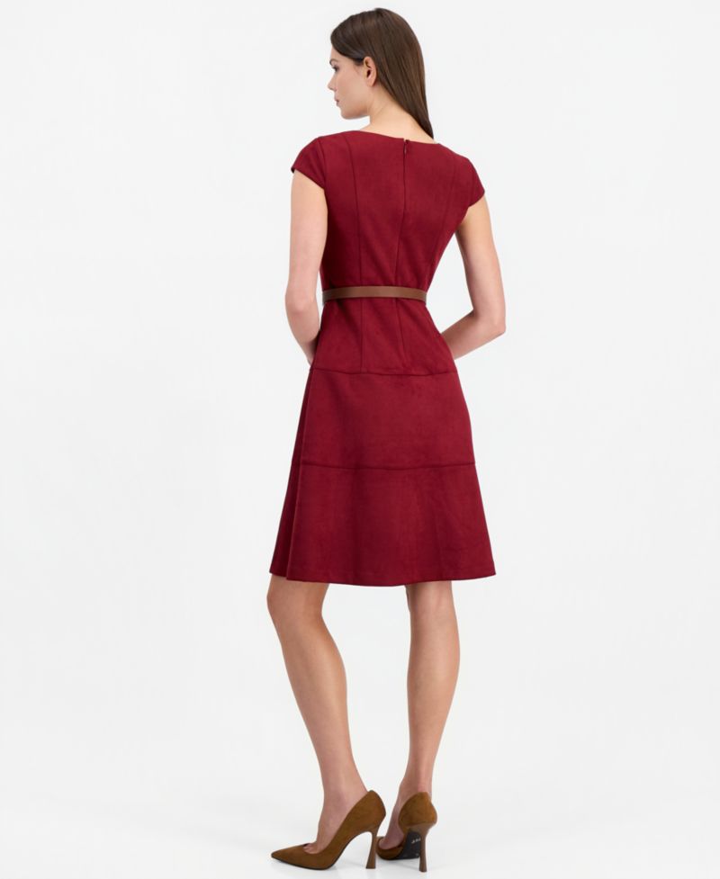 Petite Heritage A-Line Boat Neck Belted Suede Dress