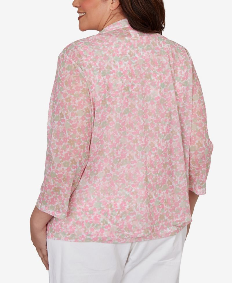 Plus Size Printed Mesh 3/4-Sleeve Cascade Cardigan Sweater