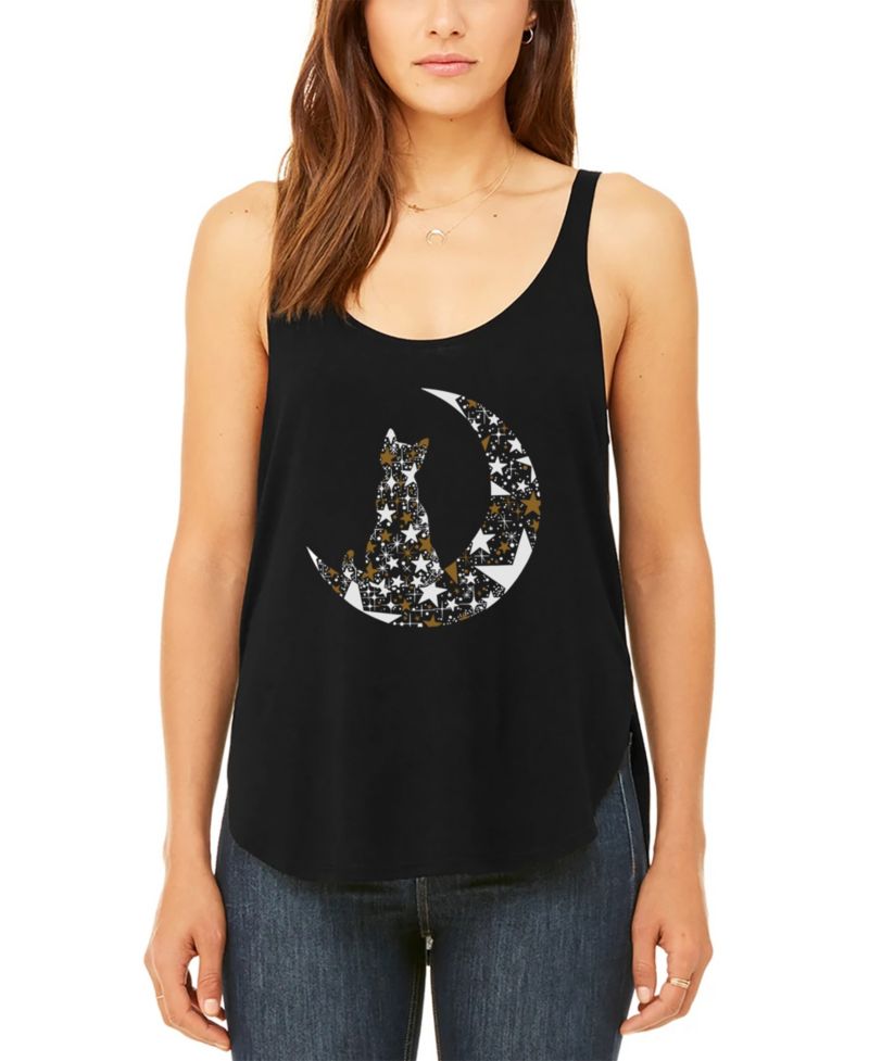Women's Cat Sitting On Moon Premium Word Art Flowy Tank Top