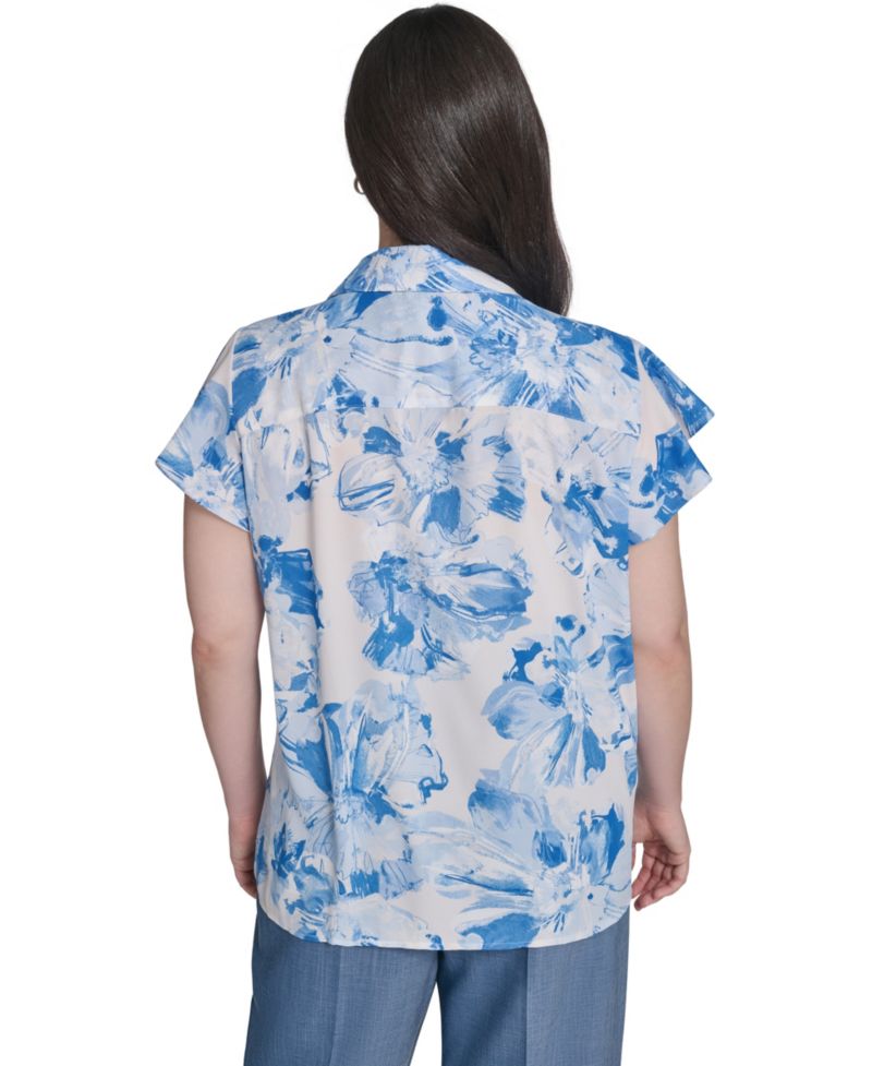 Plus Size Cap-Sleeve Ruffle-Front Collared Top