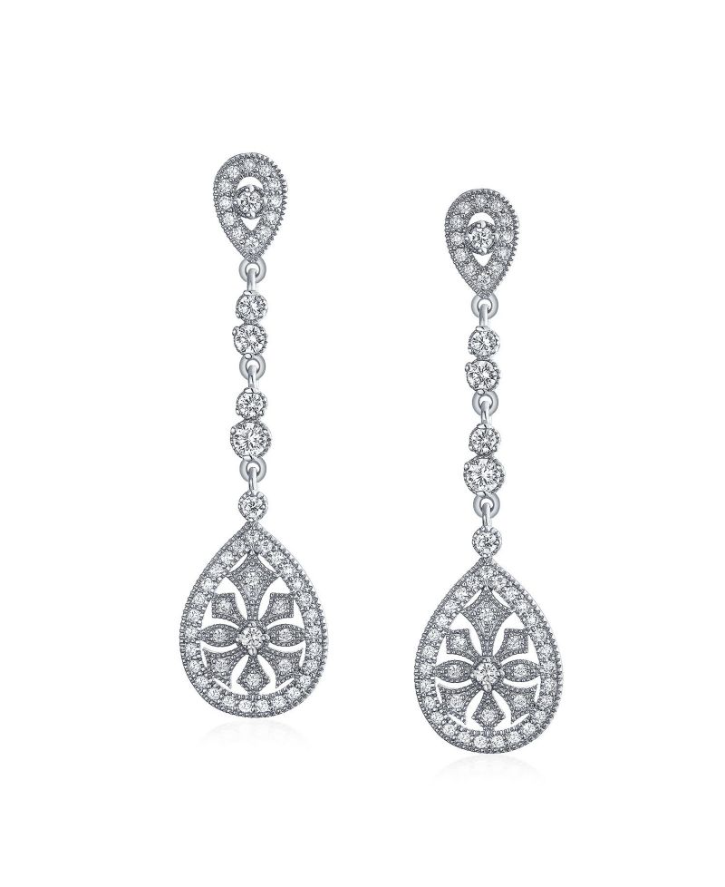Art Deco Teardrop Rose Gold CZ Chandelier Clip On Earrings Gold Plated