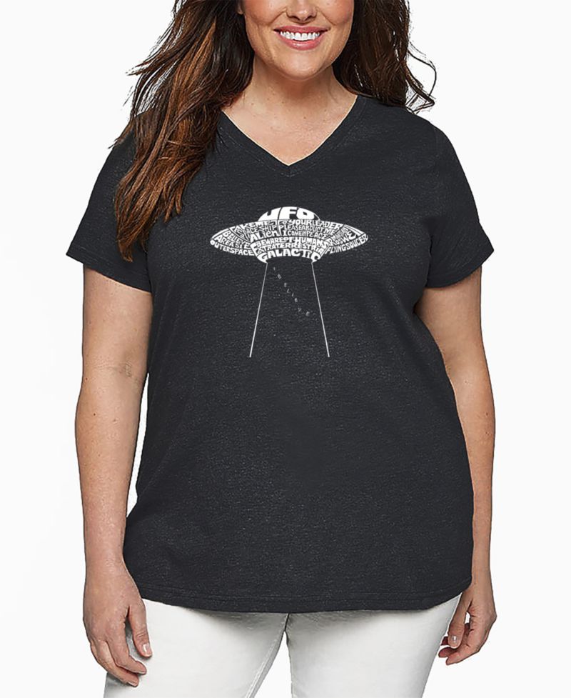 Plus Size Flying Saucer UFO Word Art V-Neck T-Shirt