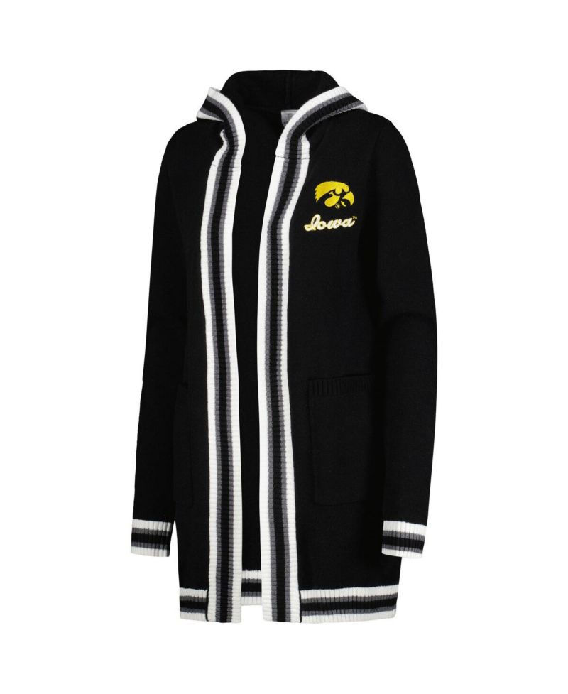 Women's Black Iowa Hawkeyes One More Round Tri-Blend Striped Hooded Cardigan Sweater