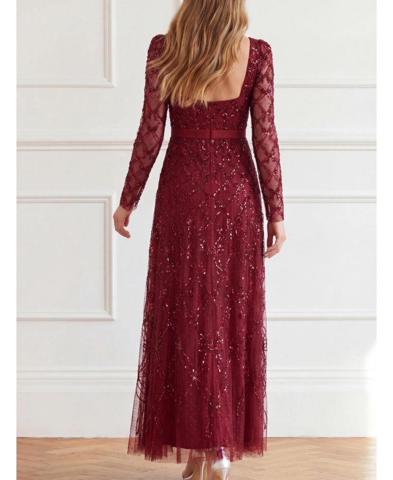 Women's Bow Lattice Long Sleeve Sequin Gown