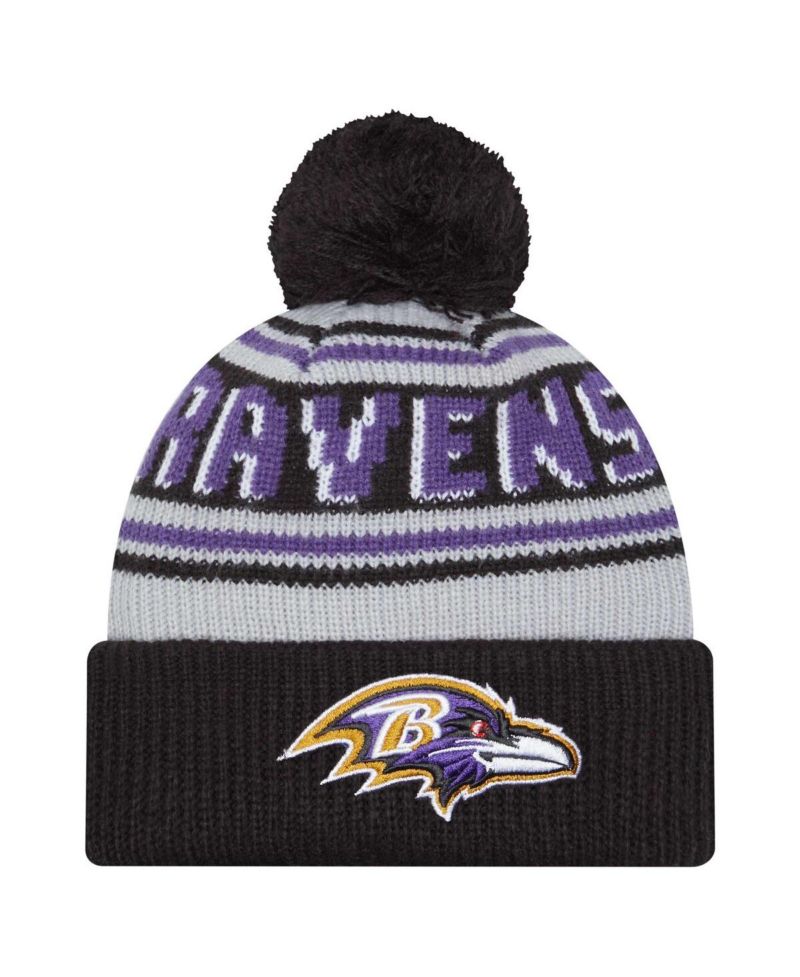 Big Boys and Girls Black Baltimore Ravens Main Cuffed Knit Hat with Pom