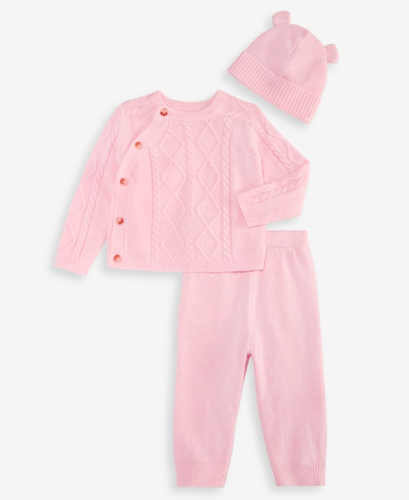 Baby Girls' Long-Sleeve Cable-Knit Sweater, Pants, and Hat, 3-Piece Set