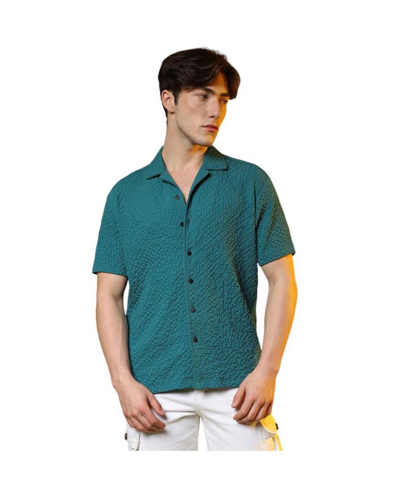 Men's Teal Green Self-Design Creased Striped Shirt