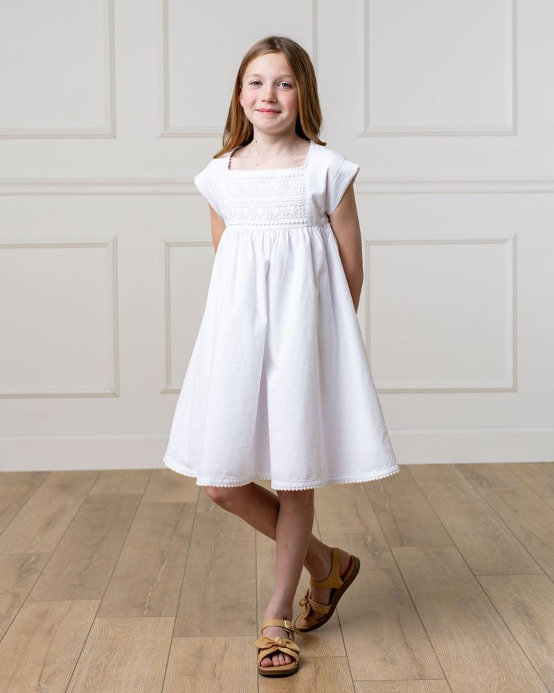 Toddler Girls Hope and Henry Sleeveless Crochet Detail Empire Waist Seersucker Dress